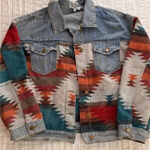 Southwestern Denim Jacket with Teal & Rust Aztec Print